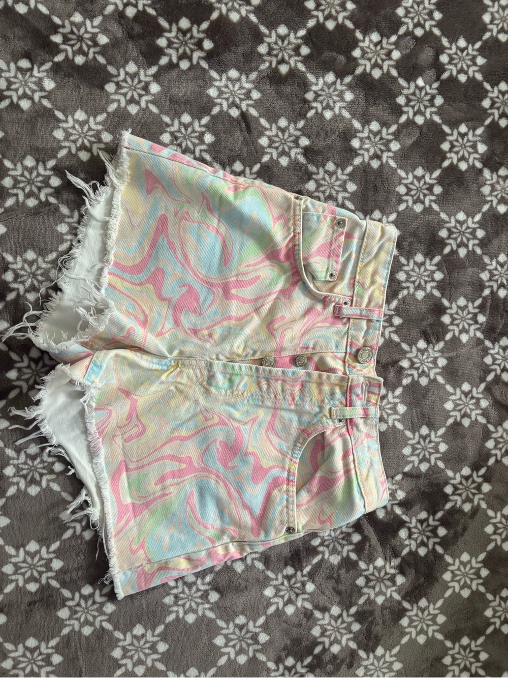 Zara Pastel Marble Print Denim Shorts - Pink/Blue/Yellow